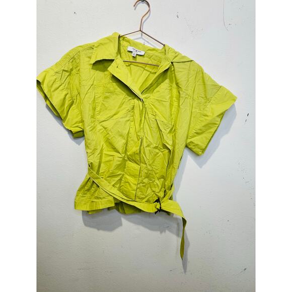 EUDON CHOI Women's Green Neon Belted Short Sleeve Collared Blouse Top Size 2 - Picture 3 of 13